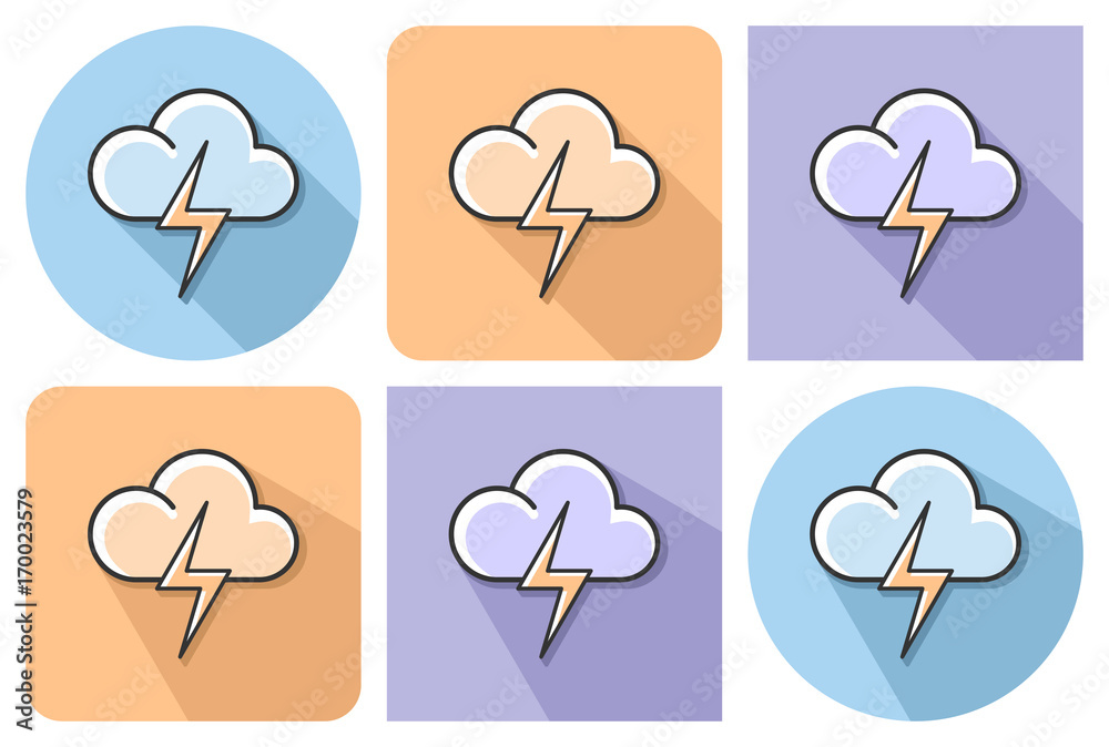 Outlined icon of cloud with lightning (rainless lightning storm weather) with parallel and not parallel long shadows Outlined icon of cloud with lightning (rainless lightning storm weather) with parallel and not parallel long shadows