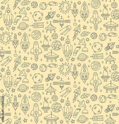 Outer space cosmos doodle line icons seamless vector pattern