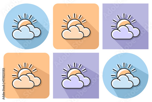 Outlined icon of sun with clouds  partly cloudy weather  with parallel and not parallel long shadows