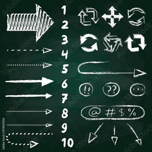 Set of different chalk arrows, numbers and other symbols. Hand drawn illustration. Chalkboard background.