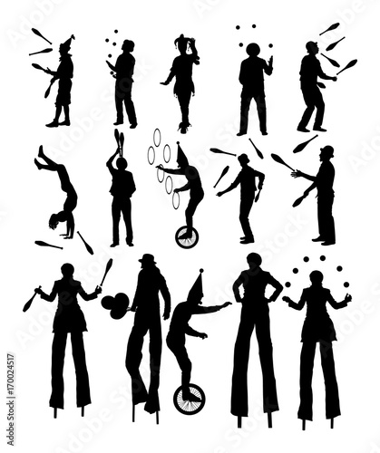 Clown on stilts with balloons vector silhouette isolated on white background. Street actor illustration. Juggler artist vector, Juggling with balls and pins. Clown in circus. Performer Artist acrobat.