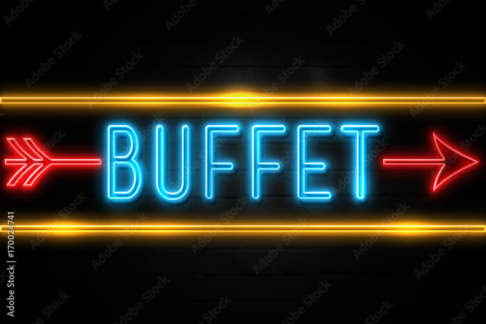 Buffet  - fluorescent Neon Sign on brickwall Front view