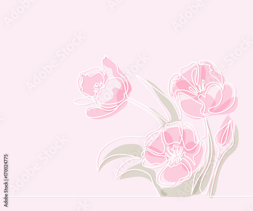 Fototapeta Beautiful soft color pink tulips flowers. Continuous line drawing. Vector illustration