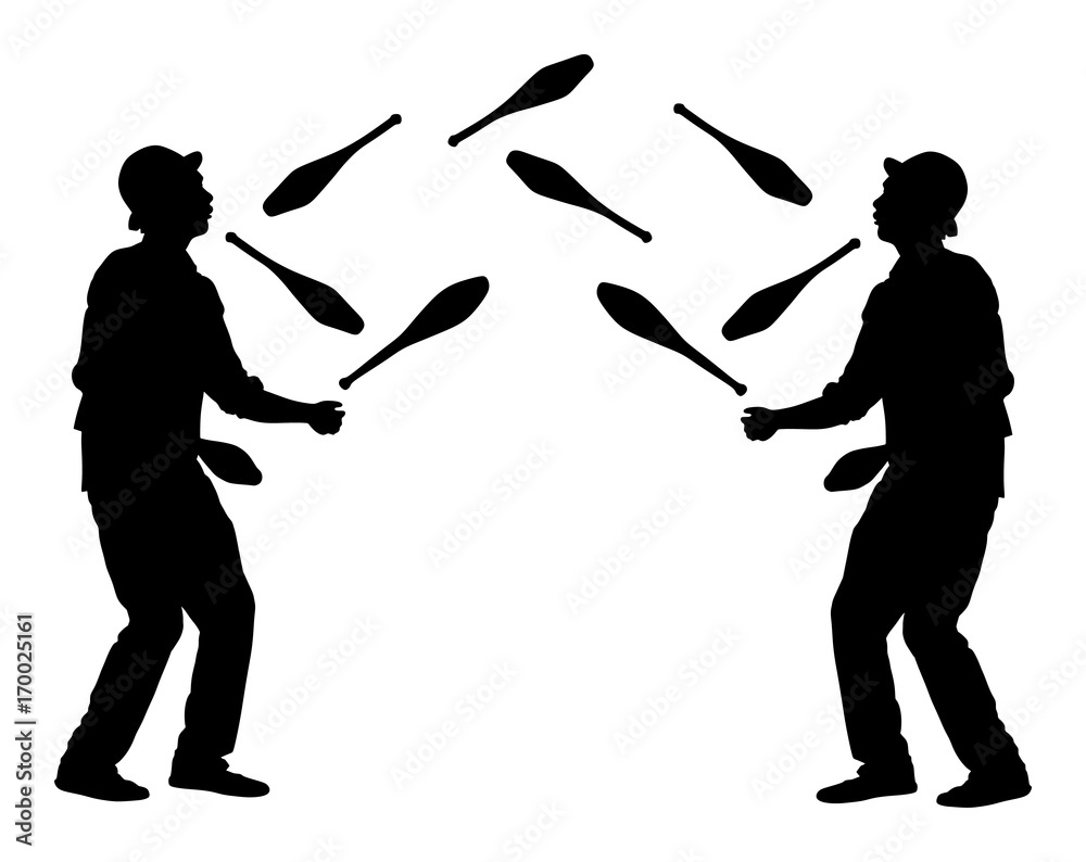Jugglers artist vector, Juggling with pins silhouette. Clowns in circus
