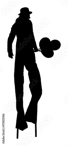 Clown on stilts with balloon vector silhouette isolated on white background. Street actor illustration.