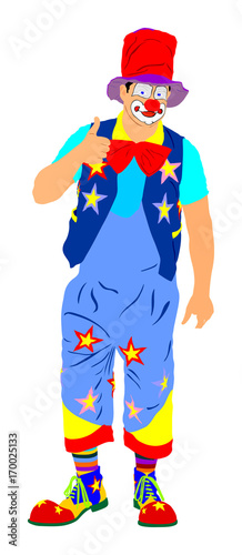 Full length clown portrait vector illustration isolated on background. Birthday invitation for children. Cheerful clown animator for kids party. Happy face in funny clothes.