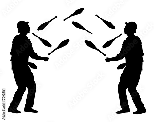 Jugglers artist vector, Juggling with pins silhouette. Clowns in circus jugging performs skill.