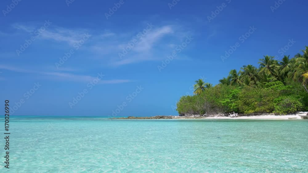 Tropical island at maldivian atoll in Indian Ocean. Wild and uninhabited coast with palm trees. Travel destinations Tropical island at maldivian atoll in Indian Ocean. Wild and uninhabited coast with palm trees. Travel destinations
