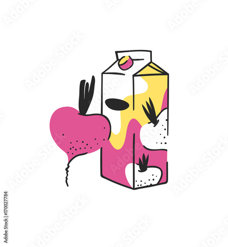Hand drawn summer set of beetroot and juice pack. Vector artistic illustration drinks and vegetable