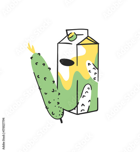 Hand drawn summer set of cucumber and juice pack. Vector artistic illustration drinks and vegetable