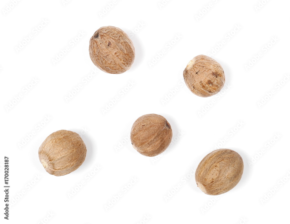 Nutmeg isolated on white background, top view Nutmeg isolated on white background, top view