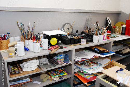Various art supplies in a studio