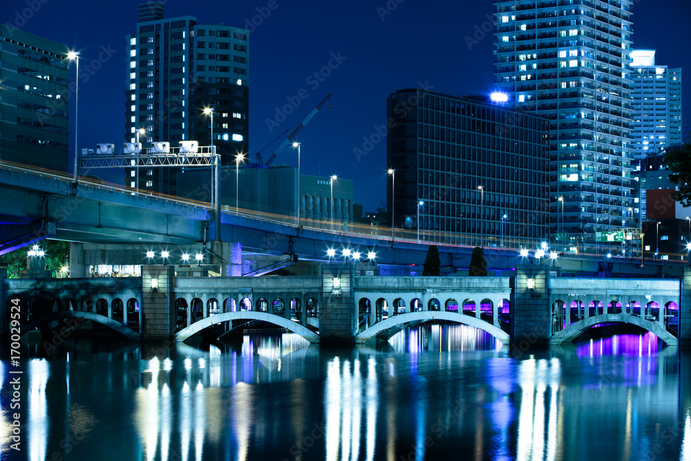 大阪、旧淀川と水晶橋の夜景