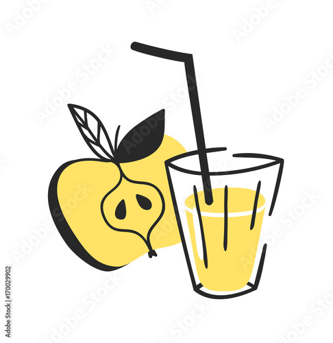Hand drawn summer set of apple, juice and glass. Vector artistic illustration drinks and fruit