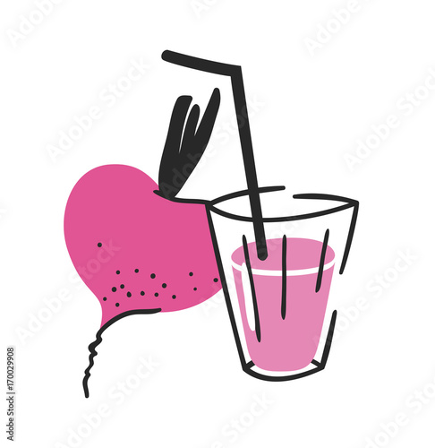 Hand drawn summer set of beetroot, juice and glass. Vector artistic illustration drinks and vegetable