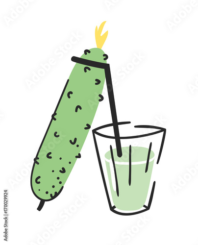 Hand drawn summer set of cucumber, juice and glass. Vector artistic illustration drinks and vegetable