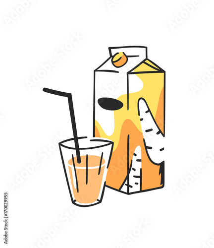 Hand drawn summer set of juice pack and glass. Vector artistic illustration carrot drinks