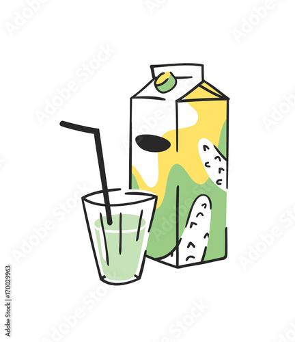 Hand drawn summer set of juice pack and glass. Vector artistic illustration cucumber drinks