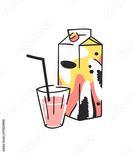 Hand drawn summer set of juice pack and glass. Vector artistic illustration papaya drinks