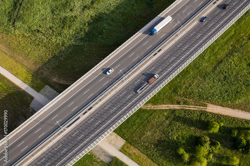 aerial view of the highway and cars