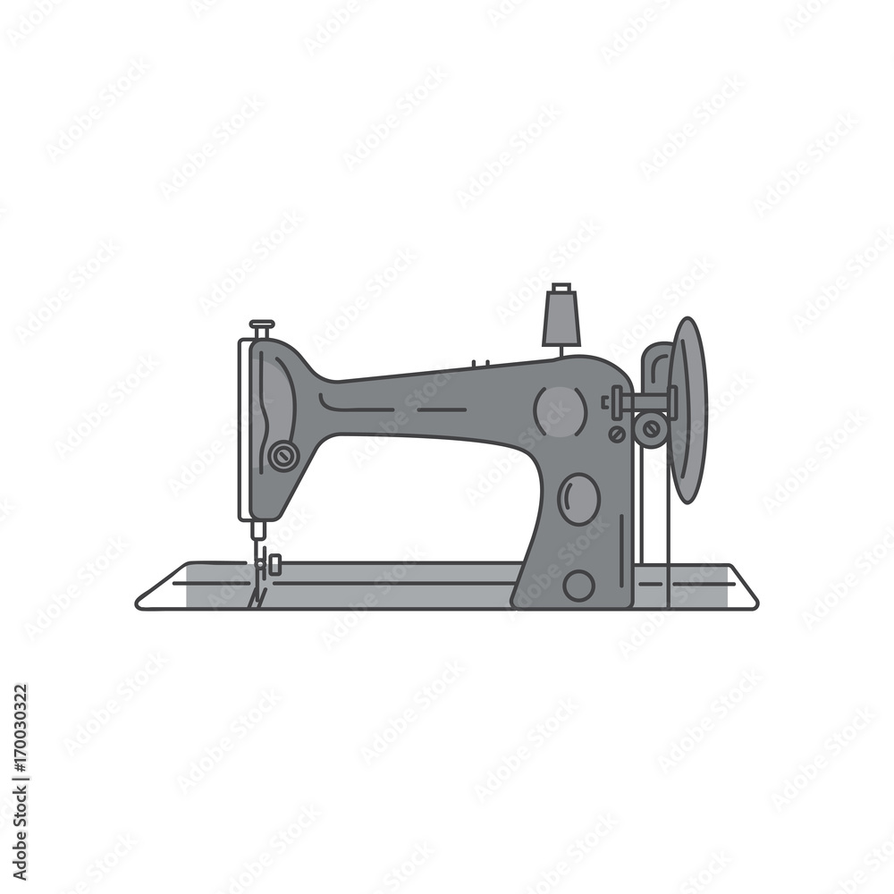 Retro sewing foot machine vector. Metal sewing machine linear illustration