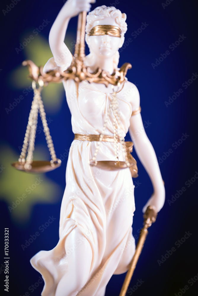 Law and Justice symbols. EU flag background. Law and Justice symbols. EU flag background.