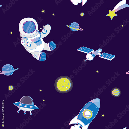 Vector pattern illustration of space objects on dark blue background.