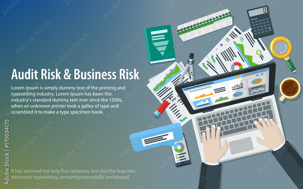 Auditing and business concepts. Research, accounting, analytics, data, project management, planning. Top view of the workplace. Hands of a man on a laptop keyboard. Tax process. Vector illustration