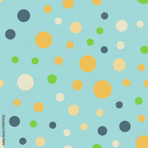 Colorful polka dots seamless pattern on bright 13 background. Awesome classic colorful polka dots textile pattern. Seamless scattered confetti fall chaotic decor. Abstract vector illustration.