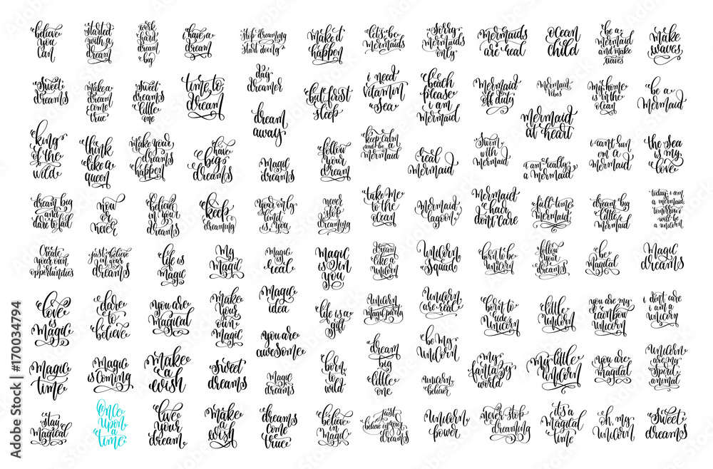 set of 100 hand lettering positive quotes about unicorn mermaid stock vector adobe stock