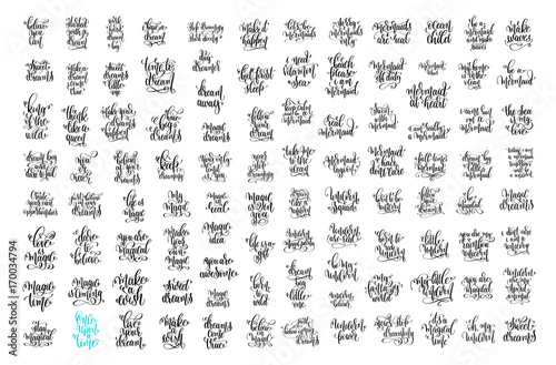 Fotografie, Obraz set of 100 hand lettering positive quotes about unicorn, mermaid