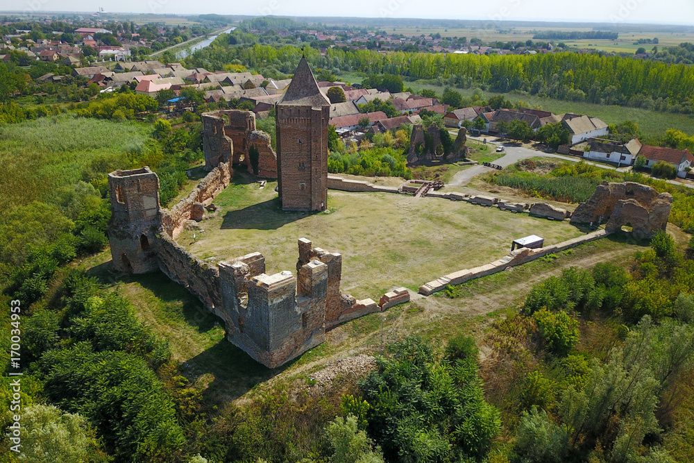 Air view  of town and ruins of  Bac fortress in Serbia