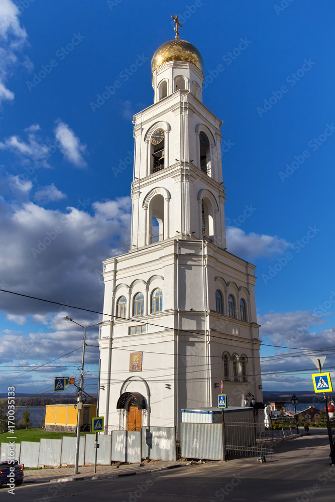 Belfry (replica of the bell tower XIX century) of the Church of St. Nicholas the Wonderworker of the Iversky Monastery in Samara (former Kuybyshev) . The city is the sixth largest city in Russia.