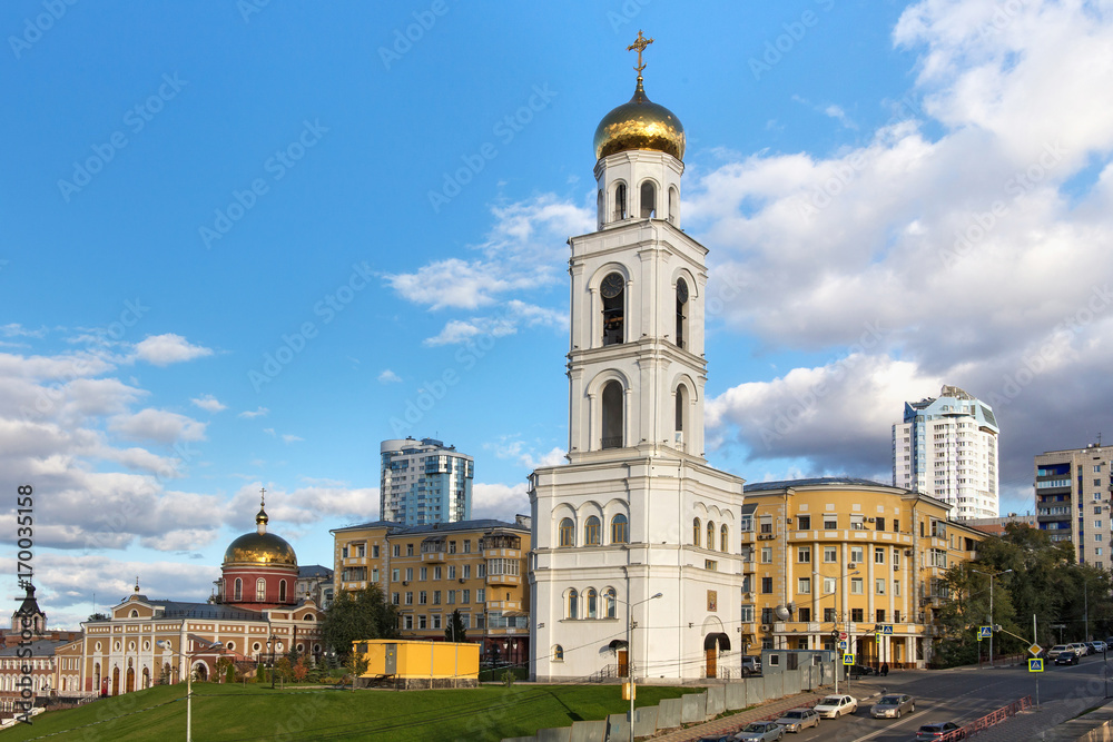 Belfry (replica of the bell tower XIX century) of the Church of St. Nicholas the Wonderworker of the Iversky Monastery in Samara (former Kuybyshev) . The city is the sixth largest city in Russia.