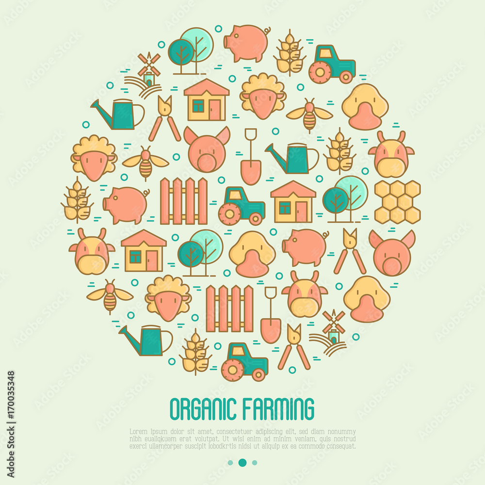 Organic farming concept in circle with thin line icons of animals, tools and symbols for eco products, farming flyers and banners. Agriculture vector illustration for web page, print media.