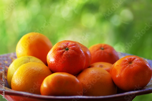 Mandarins Tangerines Closeup, green background