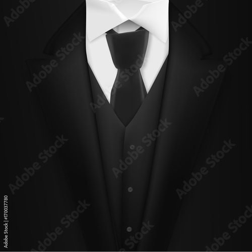 Illustration of Vector Realistic Black Suit. Photorealistic 3D Mens Elegant Tuxedo Suit with Neck Tie