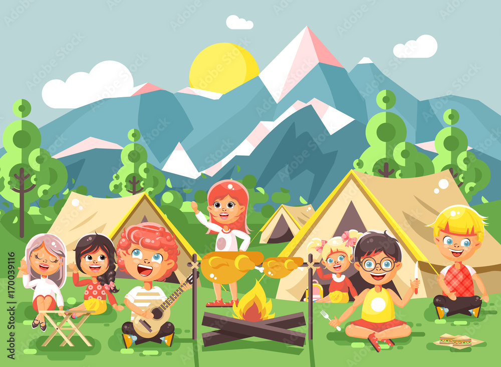 Naklejka premium hildren boy sings playing guitar with girl scouts, camping on nature, hike tents and backpacks, adventure park outdoor background of mountains flat style