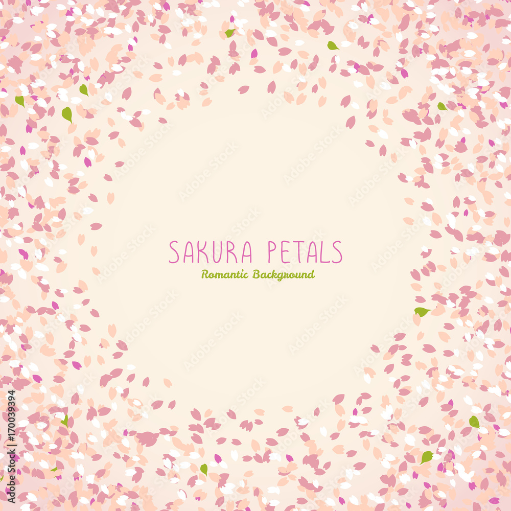 Sakura petals. Spring flyer. Simple romantic frame for text. Blooming cherry blossom petals. Hanami. Japanese Culture. Scatter. Warm colors. Spring is coming.