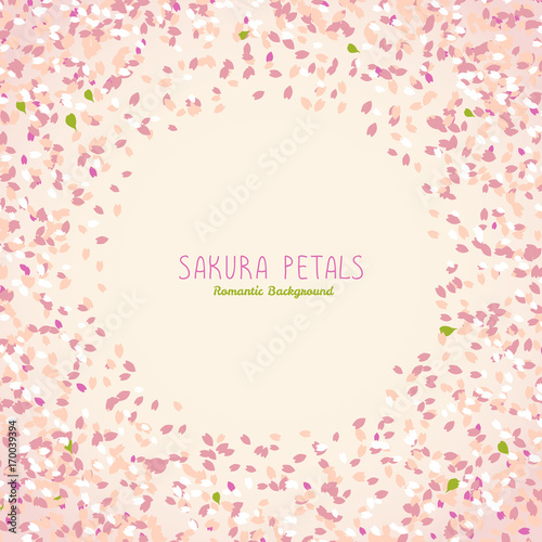 Sakura petals. Spring flyer. Simple romantic frame for text. Blooming cherry blossom petals. Hanami. Japanese Culture. Scatter. Warm colors. Spring is coming.