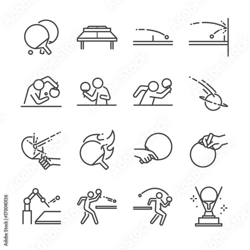 Ping Pong line icon set. Included the icons as ball, racket, table tennis, player, serves, defender, table tennis and more.
