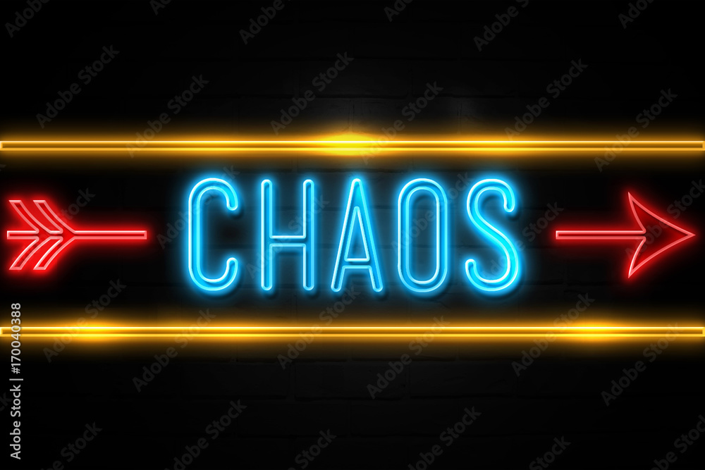 Chaos - fluorescent Neon Sign on brickwall Front view Chaos - fluorescent Neon Sign on brickwall Front view