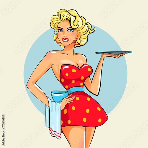 Pinup girl with tray, sexy waitress