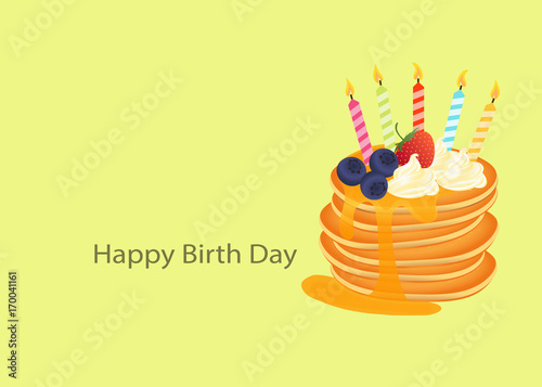 Happy Birth Day pancake with blueberry strawberry cream and candle on yellow green background vector illustration.
