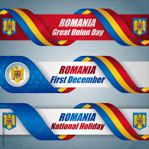 Set of web banners with texts and national flag colors for first of December, Romanian national holiday and Great union day, celebration; Vector illustration