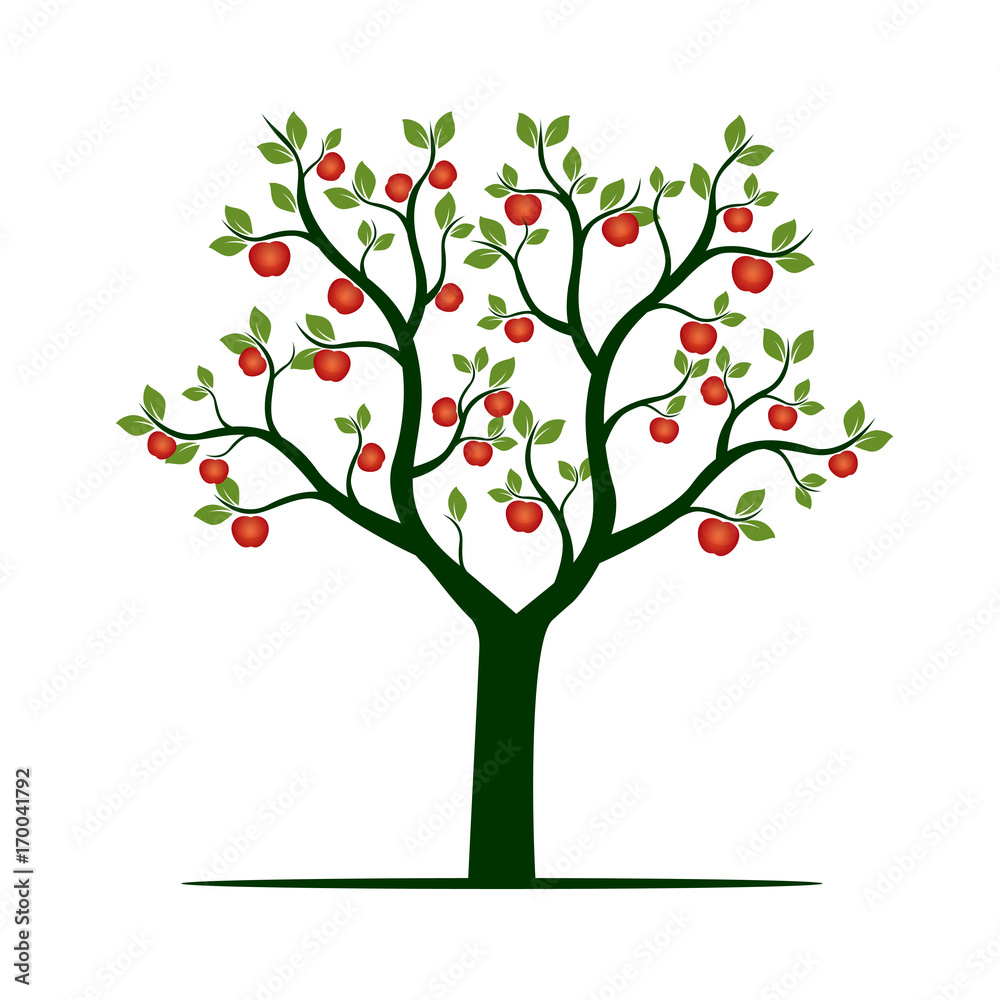 Naklejka Zielone drzewo z czerwonymi jabłkami. Ilustracja wektorowa.