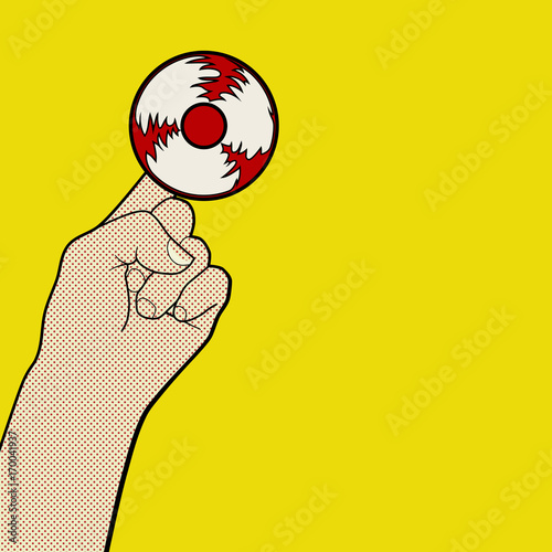 Hand playing popular finger spinner toy in pop art style. Vector illustration.