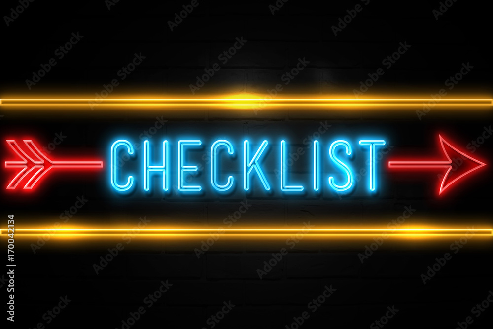 Checklist - fluorescent Neon Sign on brickwall Front view Checklist - fluorescent Neon Sign on brickwall Front view