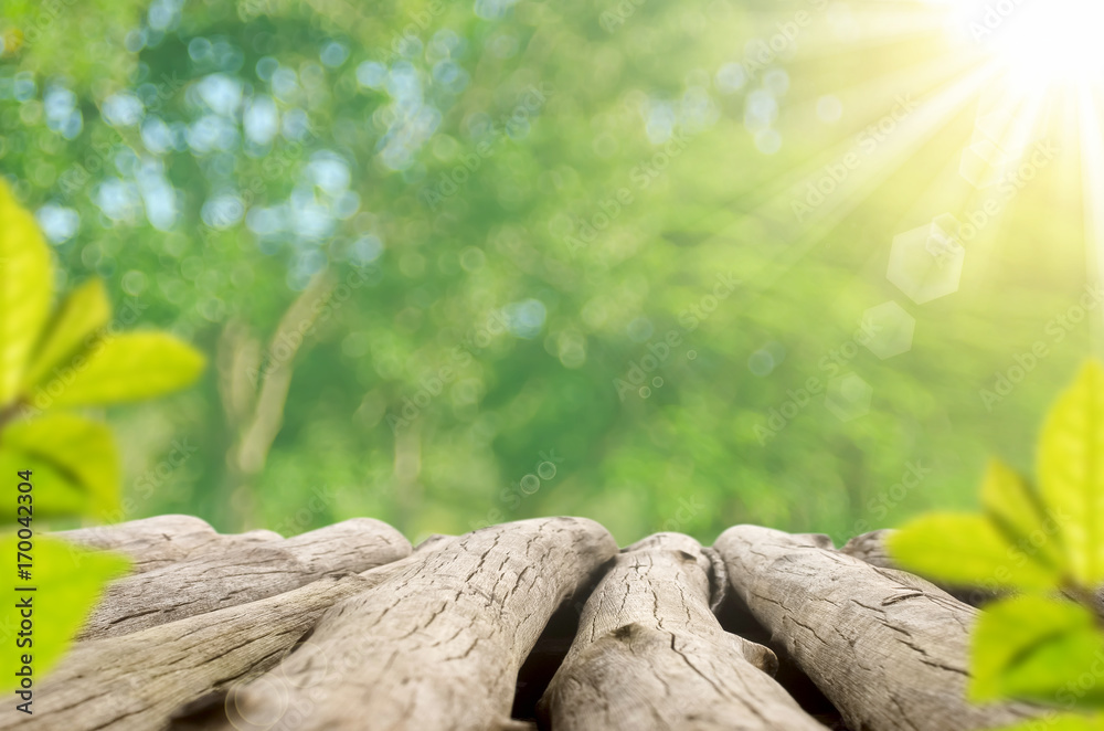 Blur park with nature green bokeh sun light on copy space empty old wood table abstract background. Blur park with nature green bokeh sun light on copy space empty old wood table abstract background.