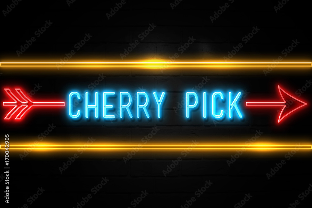 Cherry Pick - fluorescent Neon Sign on brickwall Front view Cherry Pick - fluorescent Neon Sign on brickwall Front view